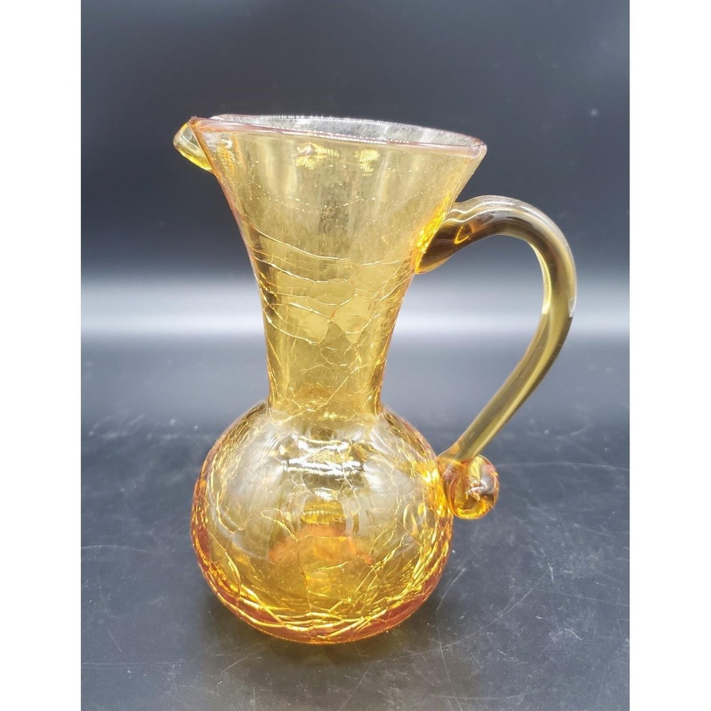 Vintage Amber Crackle Art Glass 5" Pitcher or Vase Hand Blown w/ Applied Handle